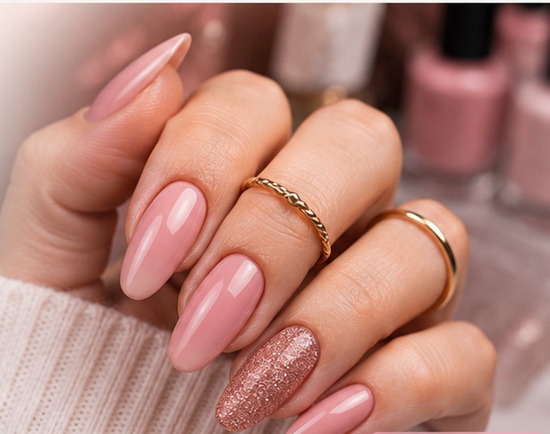 Mão com manicure profissional em tons de rosa